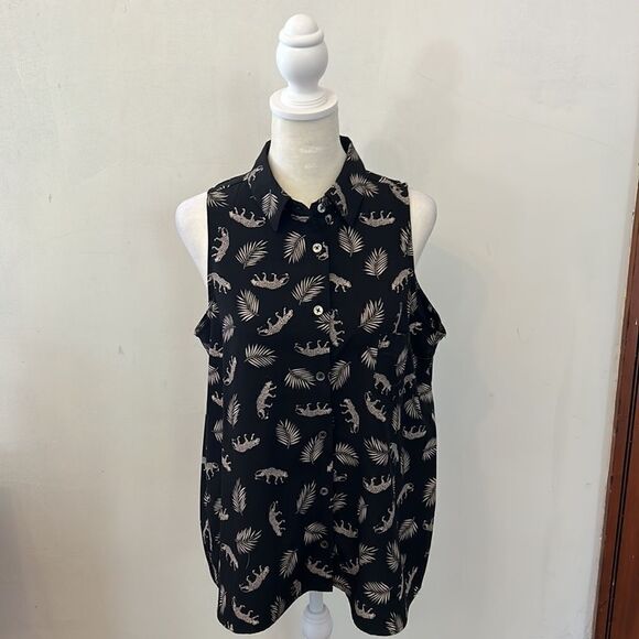 Carmen Carmen Marc Valvo black cheetah sleeveless button front blouse Size L - Picture 2 of 9